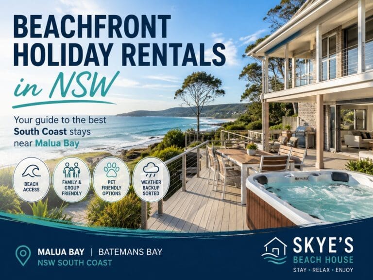 Featured image for a NSW beachfront holiday rentals guide, showing a South Coast beach setting with a premium beachside holiday home near Malua Bay.