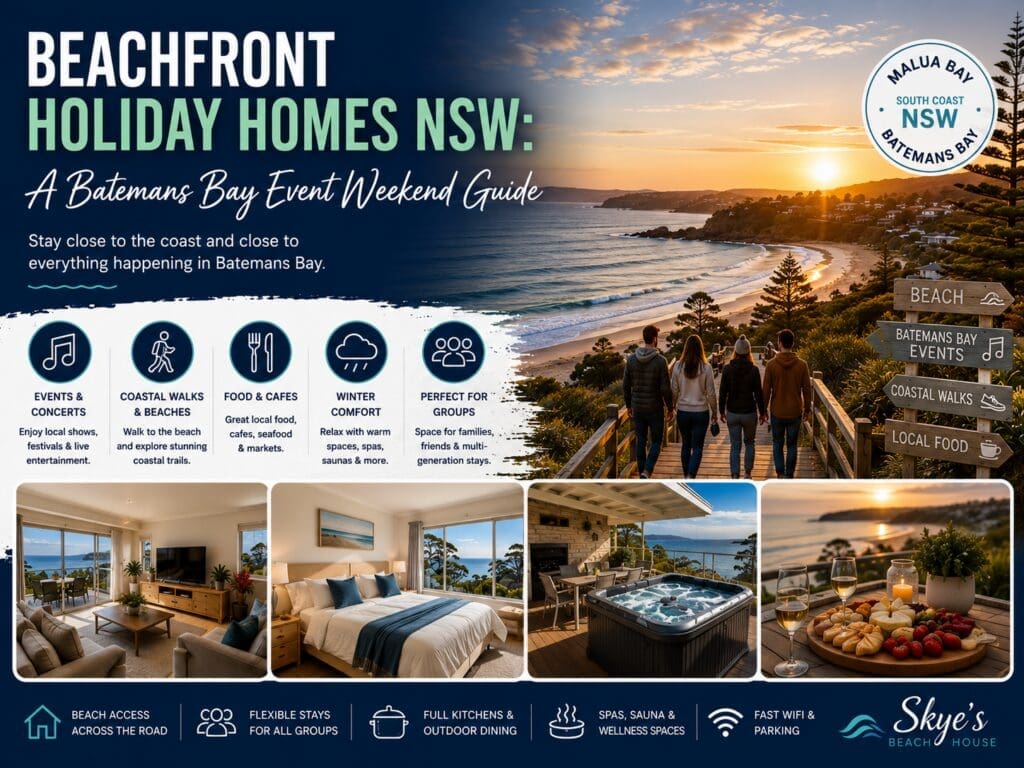 Featured image for a Batemans Bay event weekend guide about beachfront and beach-close holiday homes in NSW, showing Malua Bay coastal scenery and group stay planning cues.